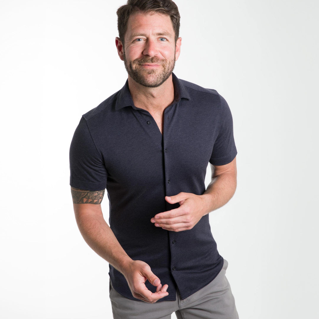 Ash & Erie Navy Melange Short Sleeve Performance Stretch Shirt for Short Men   Short Sleeve Everyday Shirts