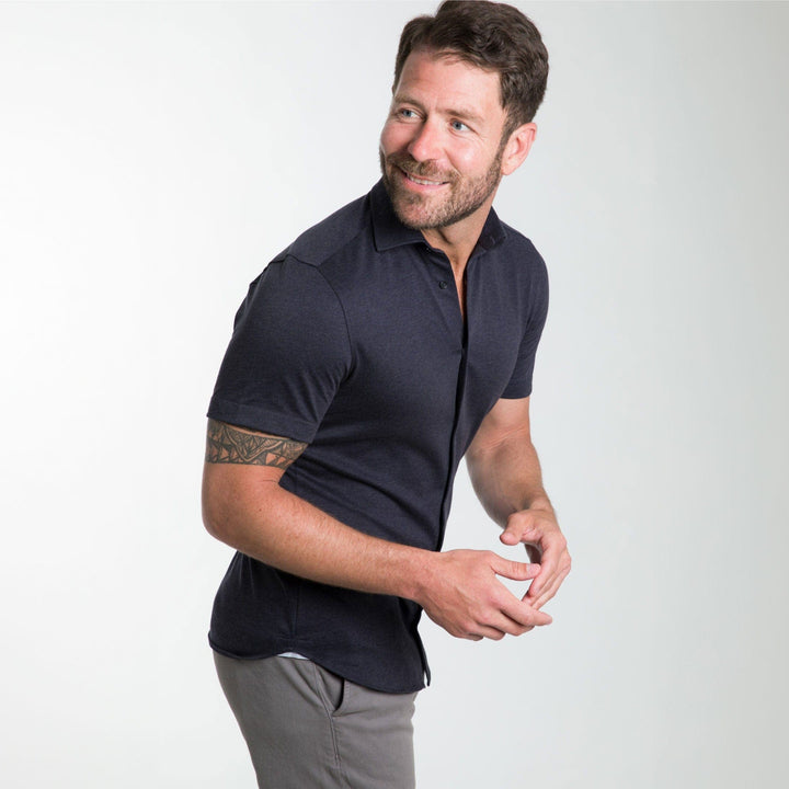 Ash & Erie Navy Melange Short Sleeve Performance Stretch Shirt for Short Men   Short Sleeve Everyday Shirts