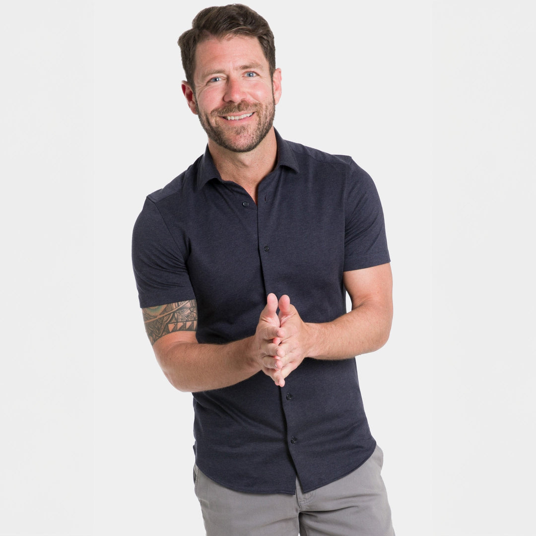 Ash & Erie Navy Melange Short Sleeve Performance Stretch Shirt for Short Men   Short Sleeve Everyday Shirts