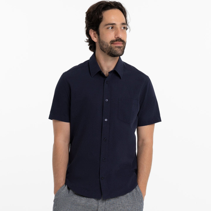 Ash & Erie Navy Seersucker Short Sleeve Shirt for Short Men   Short Sleeve Everyday Shirts