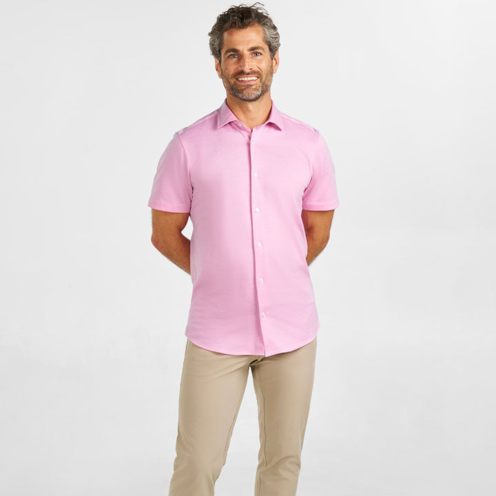 Ash & Erie Pink Melange Short Sleeve Performance Stretch Shirt for Short Men   Short Sleeve Everyday Shirts