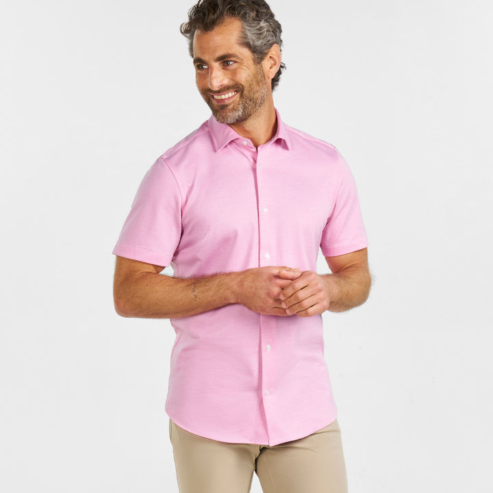 Ash & Erie Pink Melange Short Sleeve Performance Stretch Shirt for Short Men   Short Sleeve Everyday Shirts