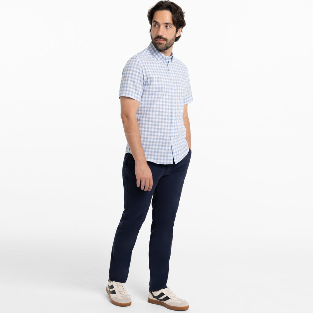 Ash & Erie Sky Gingham Linen Short Sleeve Shirt for Short Men   Short Sleeve Everyday Shirts
