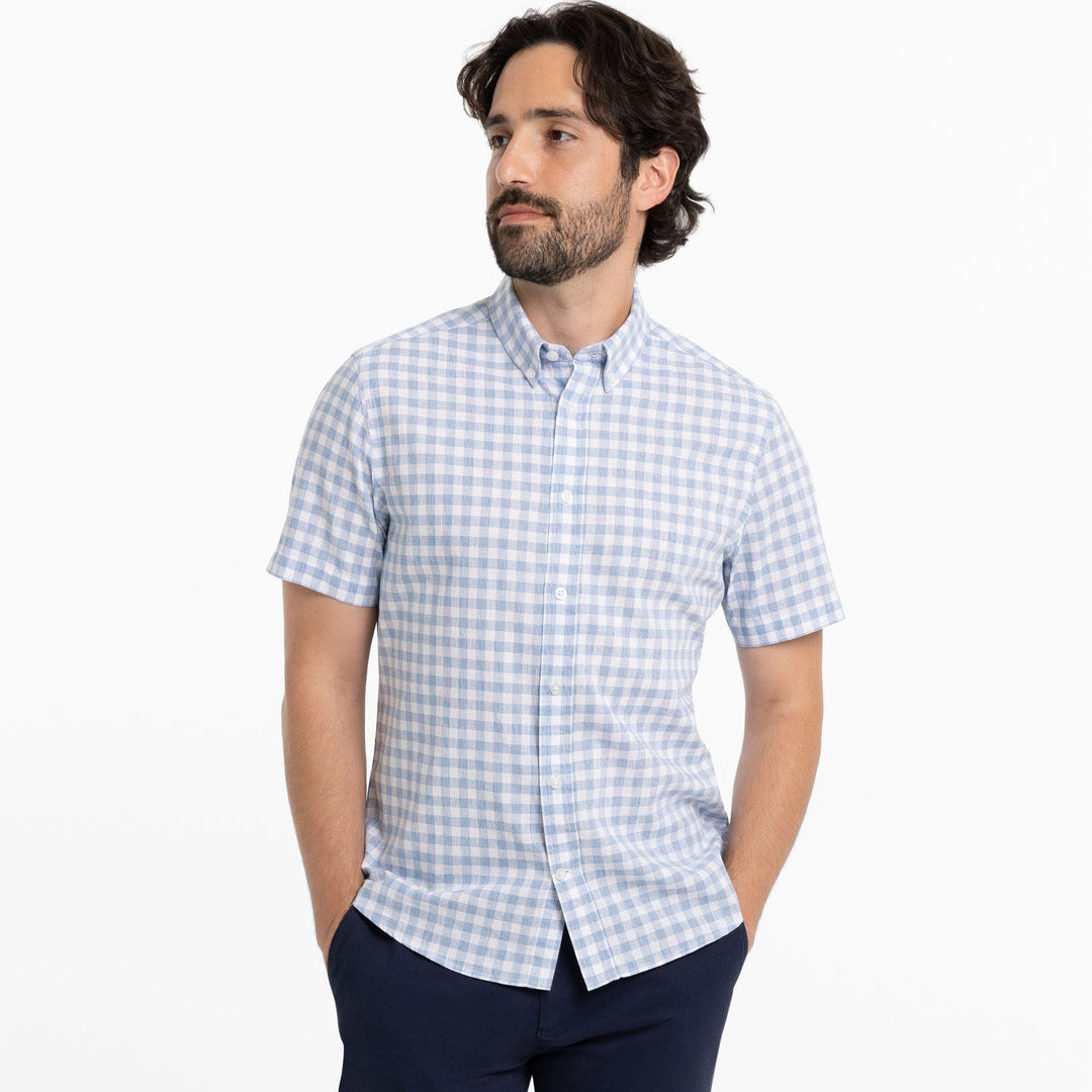 Ash & Erie Sky Gingham Linen Short Sleeve Shirt for Short Men   Short Sleeve Everyday Shirts