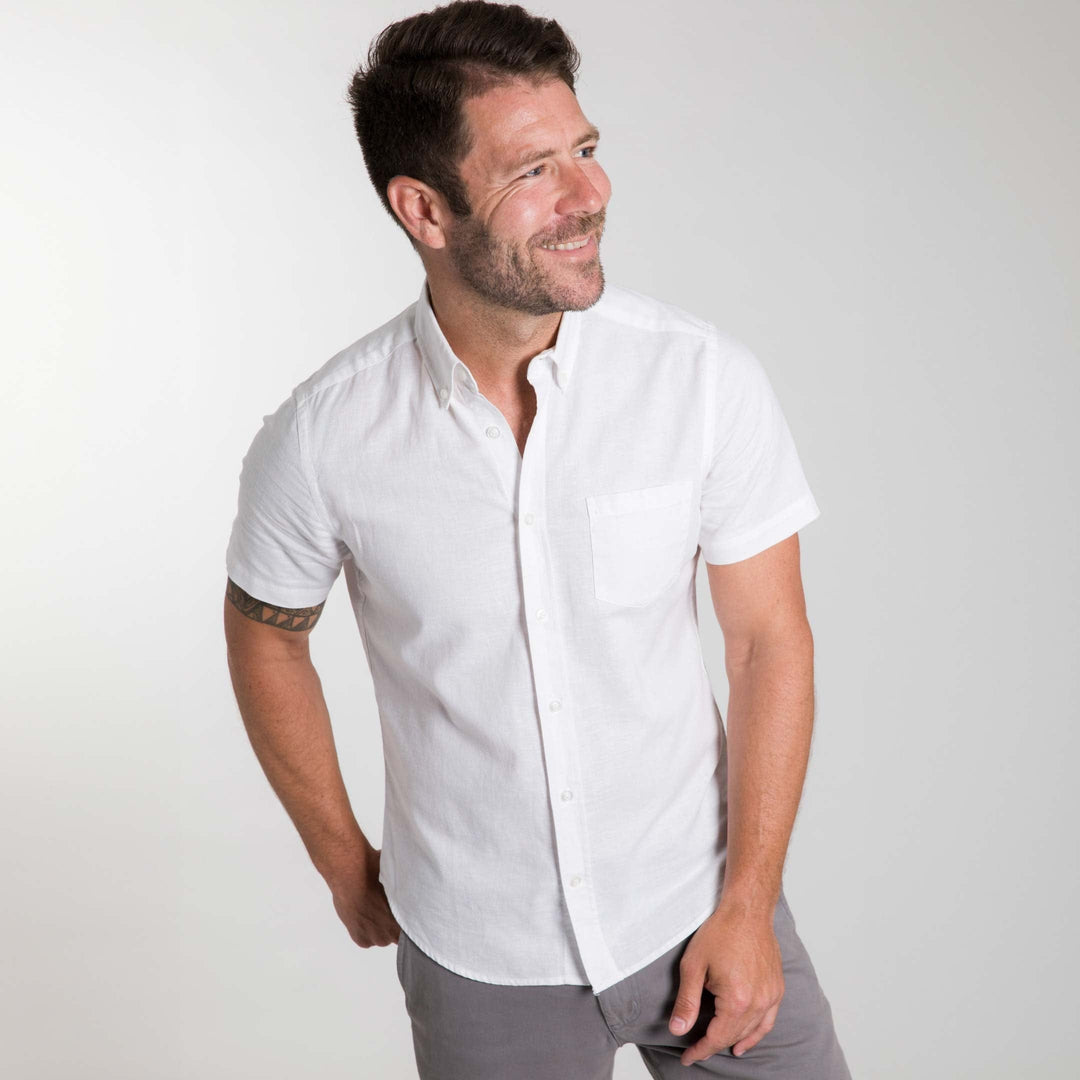 Ash & Erie White Linen Short Sleeve Shirt for Short Men   Short Sleeve Everyday Shirts