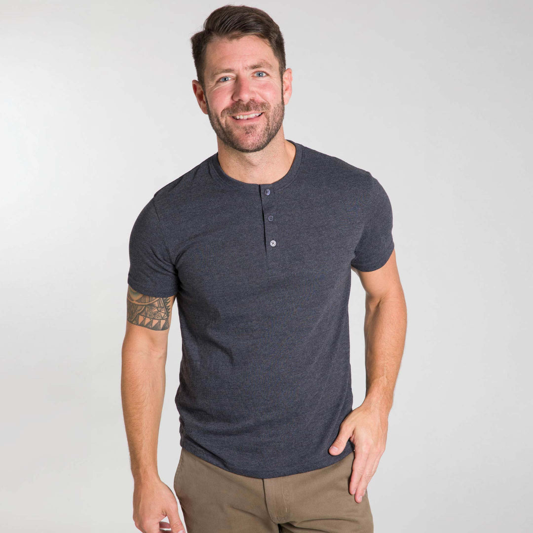 Ash & Erie Heather Charcoal Short Sleeve  Henley for Short Men   Short Sleeve Henley