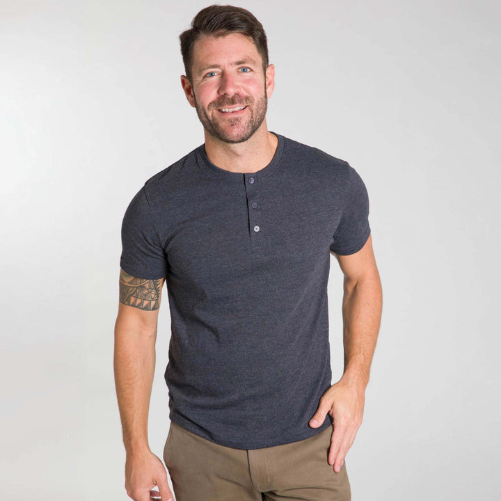 Ash & Erie Heather Charcoal Short Sleeve  Henley for Short Men   Short Sleeve Henley