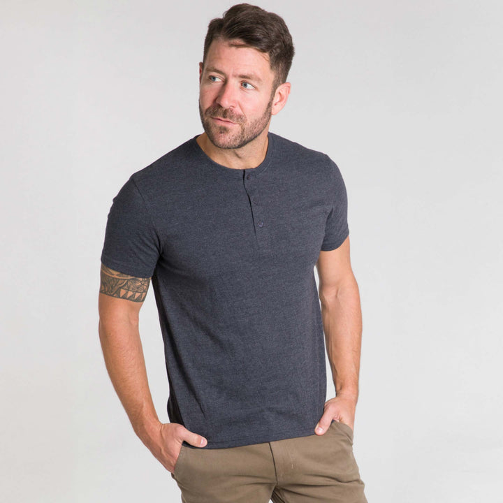 Ash & Erie Heather Charcoal Short Sleeve  Henley for Short Men   Short Sleeve Henley