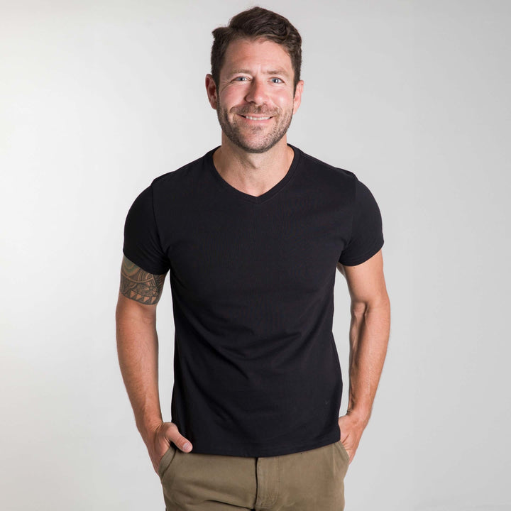 Buy Black Pima Cotton V Neck T-Shirt for Short Men | Ash & Erie   Short Sleeve Premium Tee