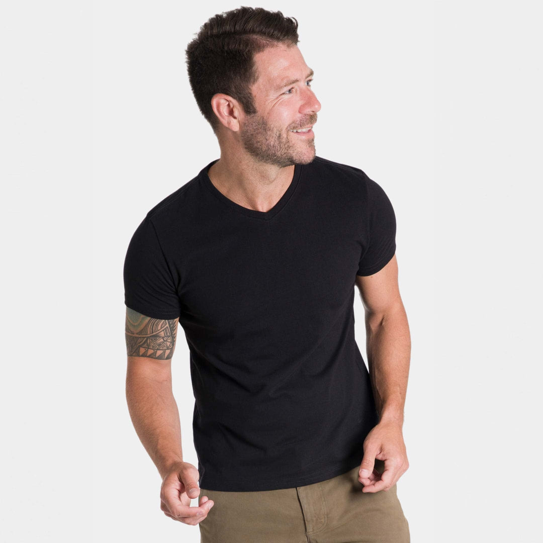 Buy Black Pima Cotton V Neck T-Shirt for Short Men | Ash & Erie   Short Sleeve Premium Tee