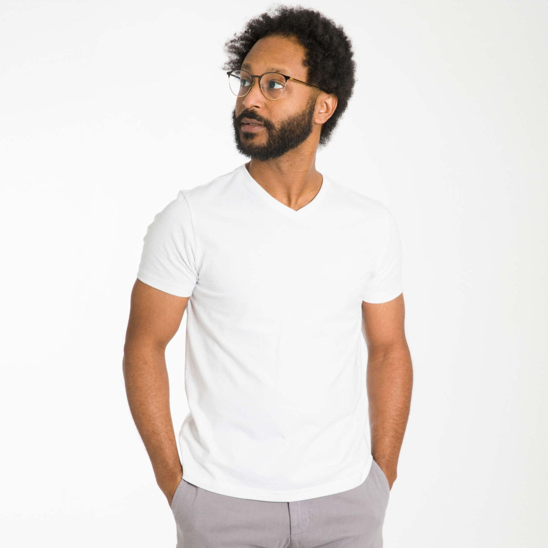 Ash & Erie White Pima Cotton V Neck T-Shirt for Short Men   Short Sleeve Premium Tee