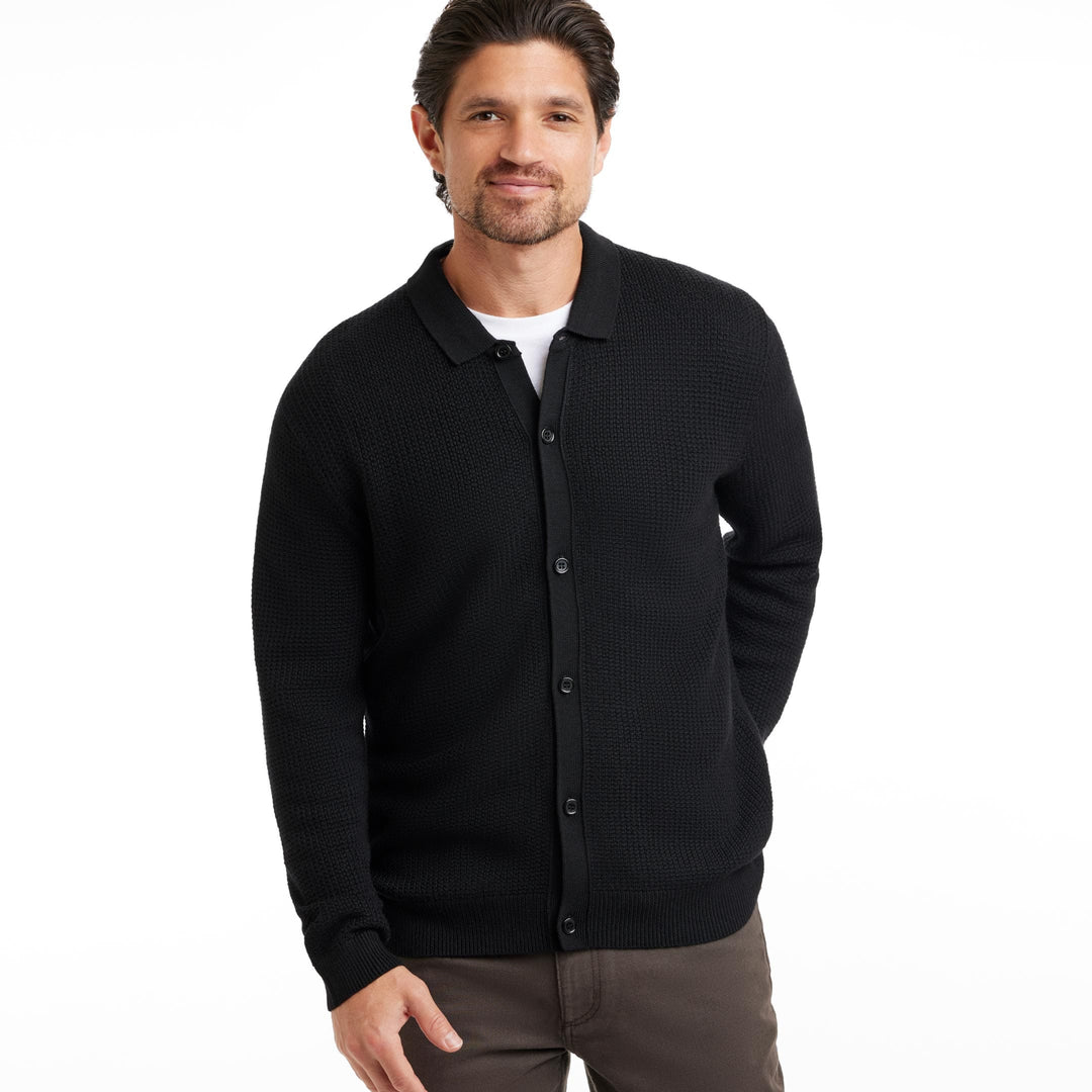 Black Full Placket Merino Sweater for Short Men | Ash & Erie   Sweater Polo