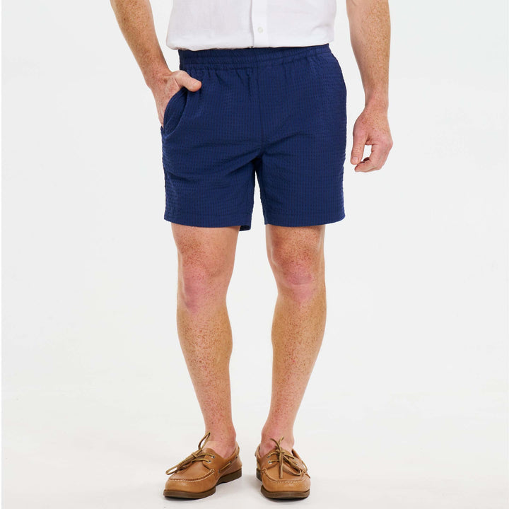 Ash & Erie Blue Seersucker Deck Shorts for Short Men   Walking Shorts