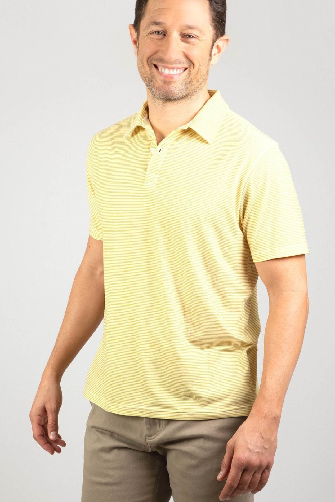 Buy Mustard Stripes Tech Polo for Short Men | Ash & Erie   Tech Polo Shirt