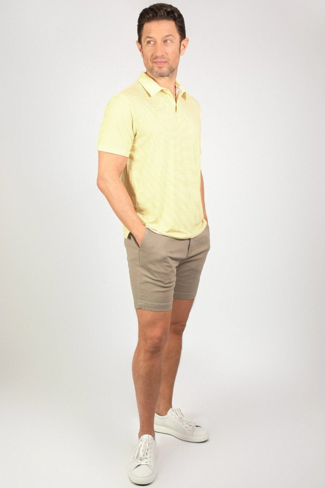 Buy Mustard Stripes Tech Polo for Short Men | Ash & Erie   Tech Polo Shirt